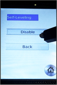 Figures 6 and 7: These two images display the Mode Select Screen (left) and Self-Leveling Screen (right).  The Mode Select screen of GUI contains sharp color contrast, a home screen, and the 7 different driving mode options arranged vertically for simple toggle and selection.  The Self-Leveling screen also contains sharp color contrast and a home screen.  In addition, it has a back button, and an enable/disable button with feedback (self-leveling text changes colors and the disable/enable button changes to its opposite when clicked). 