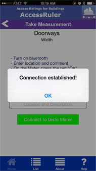 Screenshot of a smartphone application.  The background is dimmed, and a popup message in the foreground indicates that a Bluetooth connection has been established.  The connection is with the laser distance meter necessary for taking measurements.