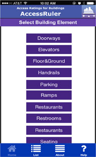 Screenshot of a smartphone application.  A number of buttons with different titles are centered in the middle of the screen and stretch down vertically.  Each of the button titles represents a different building element. 