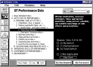 A screenshot of an older, black and white computer application.  To the left, a number of lines of text are visible, representing occupational therapy questions. Some of this text is indented to indicate hierarchy.  One line near the middle is selected, and leads to detailed information about the particular question on the right side of the screen, and an assortment of answers that can be chosenfor that question near the bottom right of the screen.
