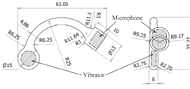 This figure shows a CAD drawing of the proposed ear-hook unit. This unit includes a vibrator and a microphone. The external size is 61.05 x 35.27 mm. The thickness without the microphone is 6 mm. Its side view shape looks like quarter arc and the vibrator and microphone attach to both ends of the arc. The outer size of the microphone is Φ10 x 7 mm and the vibrator is φ10 x 4 mm.