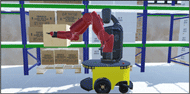 Figure 3: A picture showing the object manipulation with an assistive robot skill module in a virtual warehouse environment. The virtual robot is controlled by the user and carries virtual boxes to the desired destinations in the virtual warehouse. 