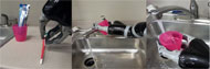Figure 2 shows three subtasks of the brushing teeth task. There are three pictures in Figure 2. In the left picture, the brush is placed on the countertop. The JACO ARM is picking up the brush with two finger pinched at the rubber holder of the brush. In the middle picture, the JACO ARM is holding the cup and lift the faucet handle to turn on the water. In the right picture, the JACO ARM is holding the cup and filling the cup from the turned-on water.