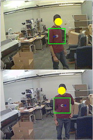 Two photographs showing results of our person detection algorithm.