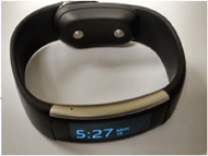 : A) Image shows the Microsoft Band which has a wristband with multiple sensors and a touch based display. 