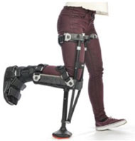 Figure 3.  Picture of the iWalk 2.0 Hands Free Crutch. The iWalk 2. Hands Free crutch is a modified crutch for people with lower leg non weight-bearing injuries. It supports the injured leg from the knee down with the person’s weight resting on the knee of their bent, injured leg.   It enables a person to walk much like a peg legged pirate did in olden times.  