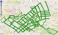 The accessible pedestrian network of the University of Pittsburgh’s main campus. The segments of this network are compliant with the ADA guidelines. Example parameters of a segment that comply with the ADA guidelines are width, slope, and surface condition. 