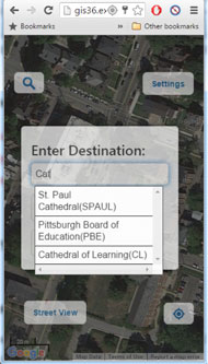 Different functions of the navigation service. This figure shows six images (screenshots) of the navigation service on a smartphone. Two images show the main user interface which includes the menu for choosing functions, the navigation environment using Google Maps, and the current location of a user. The third image shows the user interface for requesting a personalized route and entering a destination. The fourth image shows the computed personalized route overlaid on Google Maps. The fifth and sixth images show the progress of navigating on the personalized route.
