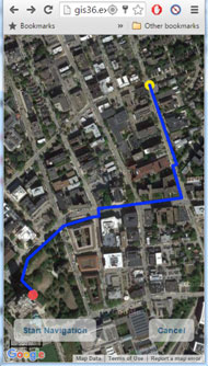 Different functions of the navigation service. This figure shows six images (screenshots) of the navigation service on a smartphone. Two images show the main user interface which includes the menu for choosing functions, the navigation environment using Google Maps, and the current location of a user. The third image shows the user interface for requesting a personalized route and entering a destination. The fourth image shows the computed personalized route overlaid on Google Maps. The fifth and sixth images show the progress of navigating on the personalized route.