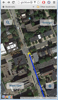 Different functions of the navigation service. This figure shows six images (screenshots) of the navigation service on a smartphone. Two images show the main user interface which includes the menu for choosing functions, the navigation environment using Google Maps, and the current location of a user. The third image shows the user interface for requesting a personalized route and entering a destination. The fourth image shows the computed personalized route overlaid on Google Maps. The fifth and sixth images show the progress of navigating on the personalized route.