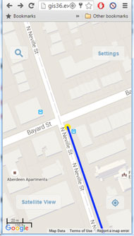 Different functions of the navigation service. This figure shows six images (screenshots) of the navigation service on a smartphone. Two images show the main user interface which includes the menu for choosing functions, the navigation environment using Google Maps, and the current location of a user. The third image shows the user interface for requesting a personalized route and entering a destination. The fourth image shows the computed personalized route overlaid on Google Maps. The fifth and sixth images show the progress of navigating on the personalized route.