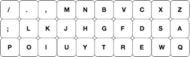 The ReverseQWERTY layout inverts the standard QWERTY left-to-right and top-to-bottom. Thus, the top row of letters reads “/.,mnbvcxz”.  Even after the pattern is identified, it is very difficult to perceive common letter patterns.