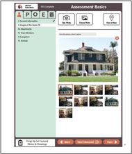 Figure 2 shows a high-fidelity mock-up of an app screen called assessment basics. On the left panel, users can select person, occupation, or environment assessment categories and are guided with an expanding outline. On the right side of the page, users can take photos, choose photos, or view the home in maps. The user can also organize photos of the home and create notes in the assessment.