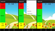 Screenshots of the application pages: The left image shows the typical orientation of the main application screen for the pediatric user. The image is shown to indicate no calibration features have been applied. The decibel level output number is shown as 25.5 dB. The middle image shows the settings drop down menu. This menu is designed to aid the user in calibrating the phone application. This menu shows -5,+5,-1, and +1 calibration options, as well as an option to change the sample rate and to go back to default settings. The right image shows the main application screen with an offset of +5. The new reading for the decibel output number is 31.6 dB (this number is not 5 decibels higher than the 25.5 dB because of natural changes in sound level in a quiet room).   