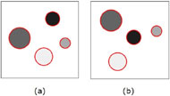 This image shows two examples of the testing images. The image on the left side has four circles distributed dispersedly. The largest circle locates at the left side on the image, and in the middle of the vertical direction. The second largest circle locates at the bottom side on the image, and it is in the middle of the horizontal direction. The third largest circle locates at the top side on the image and relatively closer to the right side. The smallest circle locates on the right side of the image and in the middle of the vertical direction. The image on the right side also has four circles on it, but with a different layout. The largest circle is at the top left corner of the image, the second largest circle is at the bottom left corner, the third largest circle is around the center of the image, and the smallest circle is relatively to the upper right of the third largest circle. 