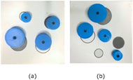 This image shows two examples of how subject’s mental images are replicated with plastic cylinders. On the left, the four cylinders are placed close to the true location with relatively small and uniform off-center distance. On the right, the largest and second largest cylinders are place close to their true locations. The rest two are placed in the wrong location. The third largest cylinder should be on the upper right direction of the smallest cylinder, however, it is now at the upper left direction. 