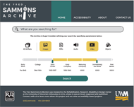  A screenshot of a website, featuring a navigation menu at the top of the screen, a search field and search limiters in the center, and a footer with information about the contents of the website and supplementary links at the bottom.  Logos of the R2D2 center and the University of Wisconsin-Milwaukee, the heading organizations of the project, are on the left and right sides of the footer respectively. 
