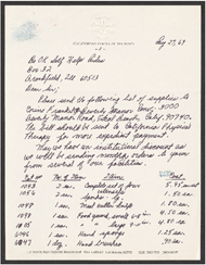 This document is one of many handwritten purchase orders sent to Be OK Company. Sammons began Fred Sammons, Inc. as a mail order business from the basement of his residence. He would receive many letters, such as this one, from hospitals and other rehabilitative facilities to fulfill rehabilitative assistive device orders. 