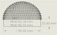 Conical protrusions in the 3d printed mold half will serve to create perforations in the final prosthetic limb liner layer. This figure shows a black and white line drawing of a hemisphere uniformly distributed with small conical extrusions. 