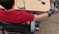 Figure 2. The Figure shows a subject in a wheelchair performing the Out-Hold gesture with the hand suspended away from the body. The wrist orthotic is attached to the Raspberry Pi