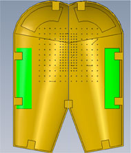 Picture of the inner surface of the bronze indenter shell. The shell displays a hole pattern in the center identical to the TRCLI. Two green-highlighted heaters are placed on the inner surface of the indenter on the lateral portion of the thighs, distal to the inferior portion of the gluteus.  