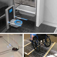 : Top Left: SmartBathroom rendering shows the SmartFloor, Pressalit toilet against left wall, bilateral adjustable grab bars around the toilet, and a short-width bathtub suspended on a lift. Bottom Left: SmartFloor - a load cell is embedded in the lower panel, grooves lead up to the load cell, but stop short to allow tile-like distribution of weight on the adjacent load cells. Bottom Right, a wheelchair user sits atop the panels of the full SmartFloor, fabricated as modular sections to fit in the final bathroom space. 