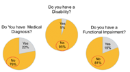 This figure shows three pie charts. The first shows that when asked “Do you have a disability?” only 5% of the participants of this study identified as having a disability. When asked “Do you have a medical diagnosis?” 22% of the same group of participants identified as having a medical diagnosis. The last pie chart depicts that 19% of the same participants identified as having a functional impairment.  