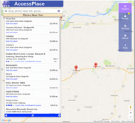 Figure 3 depicts the AccessPlace search page. The background is a map, with 2 markers. Highways and rivers are visible. On the left is a panel, titled “AccessPlace” in a blue banner at the top. There is a search box, and another banner below this titled “Places near you”. Below this is a list of restaurants. Some of the restaurants have stars filled in below them. In the right upper portion of the screen is a panel, reading; bottom “Search” with a magnifying glass icon above, “Profile”, with a person icon above, “Settings”, with a gear icon above, “About”, with an information icon above, and “Help”, with a question mark icon above.
