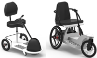 Figure 1 shows the two devices tested at the Human Engineering Research Laboratories for all testing procedures. The RoScooter is depicted on the left of Figure 1. It consists of a white base with two wheels in the back and one in the front, an adjustable seat with backrest, and a lever arm for propulsion and steering. The RoTrike is depicted on the right of Figure 1. It consists of a white base with two wheels in the back and one in the front, a seat with a backrest and arm rests, and a lever arm for propulsion and steering. The RoTrike also features a hand brake similar to a bicycle, located on the left handle of the lever arm. 