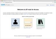 . Screenshot of the home page of the AT-node web application.  The three main user activities are shown as large buttons: User Profile Search, Free-text Search, and Example Library.