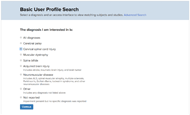 Screenshot of the first User Profile Search screen, to select a diagnosis if desired.  9 diagnostic options are presented as radio buttons.  Combinations of more than one diagnosis can be selected using the Advanced Search mode.