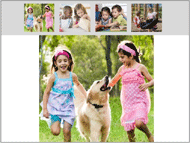 An example of one stimulus viewed by participants with the navigation menu arranged on the top horizontally. The stimulus contains both a main VSD and a navigation menu. The main VSD depicts two children petting a dog. The navigation menu contains four thumbnail sized images of VSDs. The left-most thumbnail in the VSD is a smaller version of the picture within the main VSD. The second thumbnail is a picture of two children looking in a lunch bag. The third thumbnail is a picture of two children reading a book. The fourth thumbnail is a picture of two children on a tire swing.  