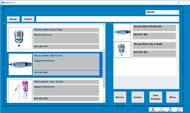 A screenshot of the Medirank Application.  The background is darkly colored, with options at the top of the screen to select people, devices, or search.  On the left side of the screen, a list of images, names, descriptions and device identifiers for different devices in a database are seen.  On the right side of the screen, selected devices are listed.  Below the list are a series of buttons: Remove, Analyze, View Analyzed, and Menu.