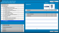 An image of two screenshot from the MediRank application.  The top screenshot has a dark background, with two white rectangular sections on the left and one outlined rectangle on the right.  The top-left rectangular section has two outlines of assessment questions, and the bottom-left rectangle is blank.  The right rectangle has two right-aligned images of the devices being compared, and a blank lower portion.  The second screenshot has the same layout, except a question is selected in the top-left rectangle's outline.  The bottom-left rectangle contains the parent and sibling questions of the selected item, with scores.  The rectangle on the right, blank in the above screenshot, displays three rows: the selected question and the responding scores for each of the devices being compared, and any differentials.    Beneath this, are two more rows depicting "child" quetsions of the selected question, with their respective scores.