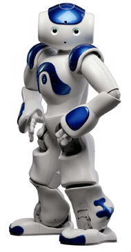 Picture shows NAO robot, a humanoid, posing for the camera. This picture shows how much NAO is close to imitating natural human gestures and poses. 