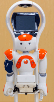 Flo, the predecessor project to Lil’Flo, which is the upper half of a humanoid NAO robot mounted onto a base with a screen, allowing for communication with therapists.