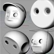 4 Pictures of potential faces for Lil’Flo, with some being more humanlike, and some being more abstract. The bottom left picture is the closest match to the eventually chosen face.
