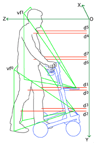 The Figure shows the outlined profile of a person walking at a wheeled walker from left to right. At the right side of the wheeled walker, an illustration of a 3-dimensional coordinate system is given. Its Z-axis points towards the person, its Y-axis points from the height of the person’s head downwards, and its X-axis points into the depth of the Figure. Embedded into the coordinate system, two viewing frusta point from the walker to the person, one observing the lower body, and one observing the upper body. Additionally to the viewing frusta, eight ground parallel lines extend from short beside the Y-axis into the direction of the person, i.e. two in height of the shoulders, two in height of the pelvis, two in height of the upper legs, and two in height of the lower legs. 	