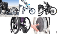 Five examples of mobility add-ons. The first image depicts a FreeWheel, which is a passive front attachment. The device consists of a 12-inch pneumatic tire and a small frame that clamps onto the footrest of the manual chair. The second image is of the Dragonfly, which is a front attachment. This also contains a pneumatic tire that connects to the front of the wheelchair frame, with the addition of handle bars, hand pedals and a gear train system. The third image is of the Electric, a front attachment with a slightly larger pneumatic tire and handle bars, containing a battery and motor attached above the wheel. The fourth image is of the SmartDrive, which is a rear attachment. The device is a relatively small wheel and motor that provides power assistance from behind the chair. The fifth image is the eMotion, which is a power-assist wheel. This wheel can be added to and removed from a chair, and the hub of the wheel contains a motor to provide power-assistance.  