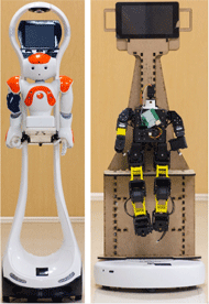 On the left, the system which we developed to explore the use of socially assistive robots in elder care facilities, it is a Nao robot on a VGo telepresence base. On the right, our work in progress for the lower cost Lil’Flo system.