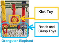 Figure 1. The three sensorized toys, the elephant and orangutan are upper limb toys, while the lion is a kicking toy 
