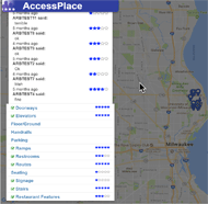 Figure 1 is a screenshot of the AccessPlace reviews page. A dropdown menu is located on the left side of the page. A purple title bar with the word “AccessPlace” is in the center, and a small logo is on the left part of the bar. Below this is a list of reviews with star ratings. The dropdown menu is superimposed on a grayed out map with location markers  