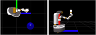 Screenshot of Virtual Joystick Interface with blue circle on two different camera streams
from the top and side perspectives of the Fetch
robot.