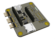 This image depicts a CAD rendering of the custom printed circuit board assembly. On the edge to the reader's left, 11 pins protrude for connecting power, ground, motor, and LED signal inputs and outputs. Immediately to the right is the first of two header risers for connection to the FONA feather (not pictured). In the center of the board are the assorted microchips, fusion sensor, and resistors. Above this area, at the top of the image, is the button battery slot for the RTC. Along the bottom edge is the SD slot. To the reader's right of this central area is the second of two riser headers. Finally, along the reader's right edge of the PCBA is a printed area for load connection blocks (not shown). 