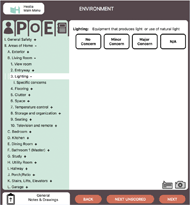 This figure shows a screenshot of the HESTIA app. On the left panel, you see the different sections of the app including personal information, information about the person, occupation, and environment, as well as a reporting option. The taxonomy of questions is displayed on the left, with the definition of each question and the response options on the right. The taxonomy can break down into further detail as needed and is shown in the figure. In this screenshot, the questions on display are related to the environment section. At the bottom of the screen, are options for make general notes and drawings, to go back, to go to next unscored question and to go to the next question.  