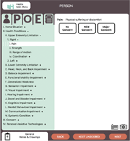 This figure shows a screenshot of the HESTIA app. On the left panel, you see the different sections of the app including personal information, information about the person, occupation, and environment, as well as a reporting option. The taxonomy of questions is displayed on the left, with the definition of each question and the response options on the right. The taxonomy can break down into further detail as needed and is shown in the figure. In this screenshot, the questions on display are related to the person section. The question highlighted is related to pain. The definition provided is physical suffering or discomfort and the response options are no concern, mild concern or major concern. At the bottom of the screen, are options for make general notes and drawings, to go back, to go to next unscored question and to go to the next question.  