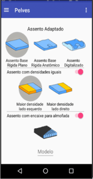 Figure 1 shows the screen of the app where the rehabilitator has 6 options of seat models to prescribe to the patient. The designs of the seats are blue, yellow and black, square in shape and each model has a different nomenclature.