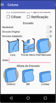 Figure 2 shows the screen of the app where the rehabilitator must choose which model and height of the designs of the backrests will be prescribed to the patient. The background of the screen is white and the six types of backrest are blue, each model has a different description