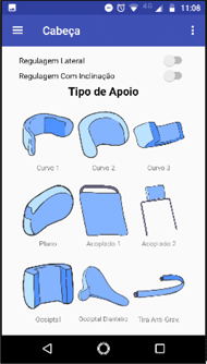 Figure 3 shows the screen of the app where the rehabilitator must choose between the 8 models of head restraints and the inclusion of an anti-gravitational strip. The background of the screen is white and the headrest models are blue.