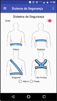 Figure 4 shows the screen of the app where the rehabilitator must choose which seat belt model will be prescribed. The screen has white background and 4 drawings of the human body (trunk, upper limbs and head) with the 4 options of belt that can be prescribed in blue color.
